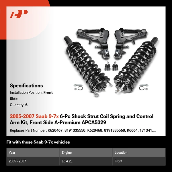 2005-2007 Saab 9-7x 6-Pc Shock Strut Coil Spring and Control Arm Kit, Front Side A-Premium APCA5329