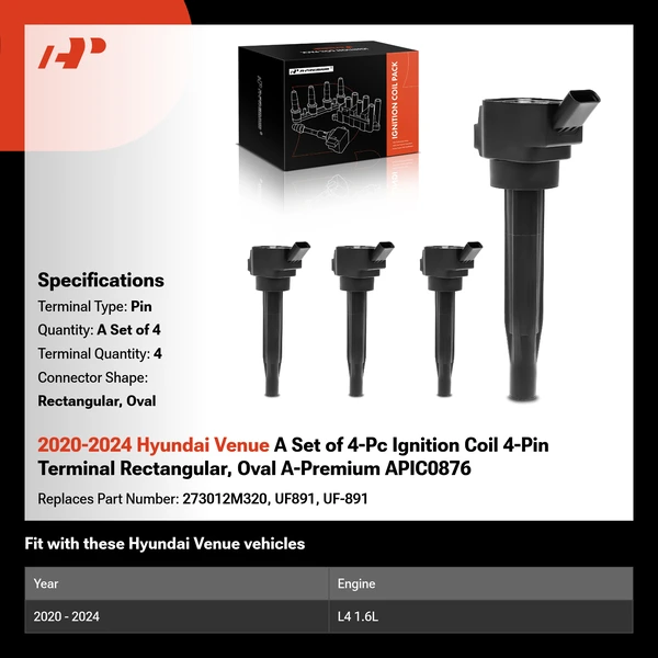 2020-2024 Hyundai Venue A Set of 4-Pc Ignition Coil 4-Pin Terminal Rectangular, Oval A-Premium APIC0876