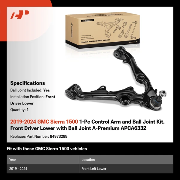 2019-2024 GMC Sierra 1500 1-Pc Control Arm and Ball Joint Kit, Front Driver Lower with Ball Joint A-Premium APCA6332
