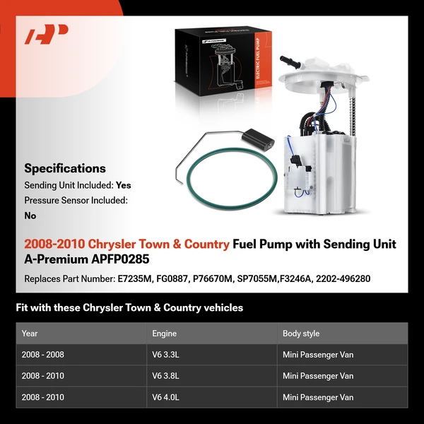 2008-2010 Chrysler Town & Country Fuel Pump with Sending Unit A-Premium APFP0285