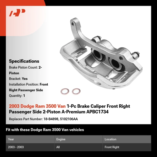 2003 Dodge Ram 3500 Van 1-Pc Brake Caliper Front Right Passenger Side 2-Piston A-Premium APBC1734
