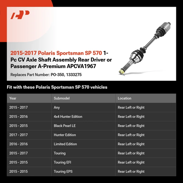 2015-2017 Polaris Sportsman SP 570 1-Pc CV Axle Shaft Assembly Rear Driver or Passenger A-Premium APCVA1967
