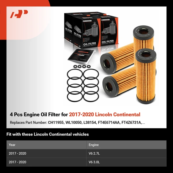 4 Pcs Engine Oil Filter for 2017-2020 Lincoln Continental