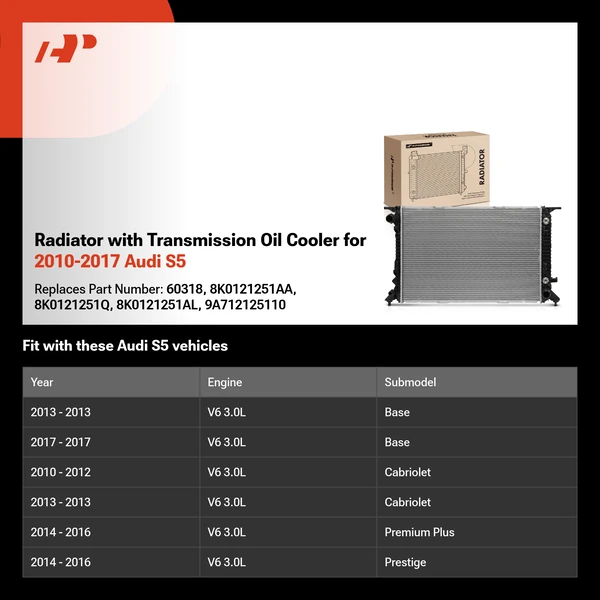 Radiator with Transmission Oil Cooler for 2010-2017 Audi S5