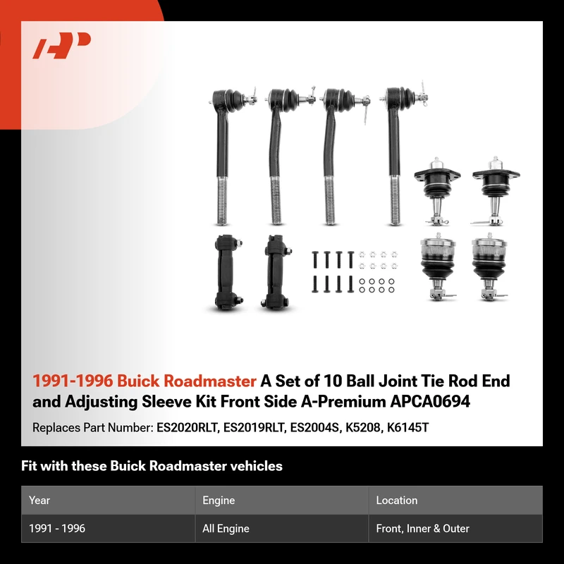 1991-1996 Buick Roadmaster A Set of 10 Ball Joint Tie Rod End and Adjusting Sleeve Kit Front Side A-Premium APCA0694