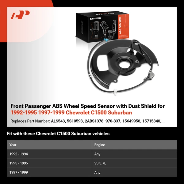 Front Passenger ABS Wheel Speed Sensor with Dust Shield for 1992-1995 1997-1999 Chevrolet C1500 Suburban