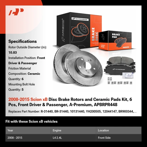 2008-2015 Scion xB Disc Brake Rotors and Ceramic Pads Kit, 6 Pcs, Front Driver & Passenger, A-Premium, APBRPR448
