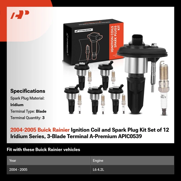 2004-2005 Buick Rainier Ignition Coil and Spark Plug Kit Set of 12 Iridium Series, 3-Blade Terminal A-Premium APIC0539