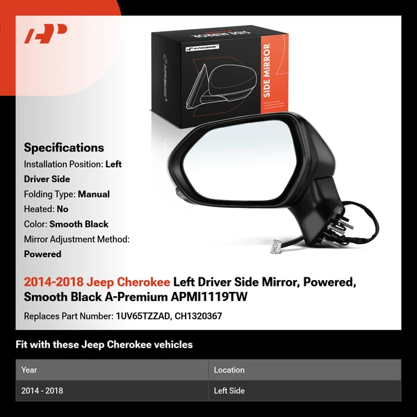 2014-2018 Jeep Cherokee Left Driver Side Mirror, Powered, Smooth Black A-Premium APMI1119TW