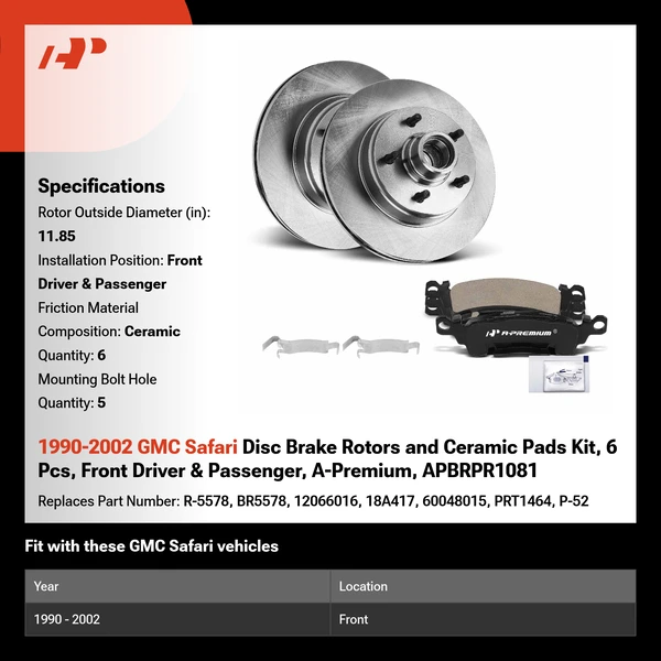 1990-2002 GMC Safari Disc Brake Rotors and Ceramic Pads Kit, 6 Pcs, Front Driver & Passenger, A-Premium, APBRPR1081