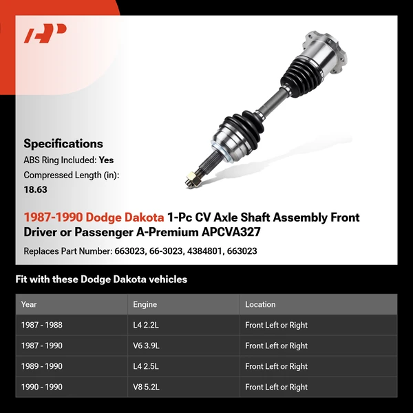 1987-1990 Dodge Dakota 1-Pc CV Axle Shaft Assembly Front Driver or Passenger A-Premium APCVA327