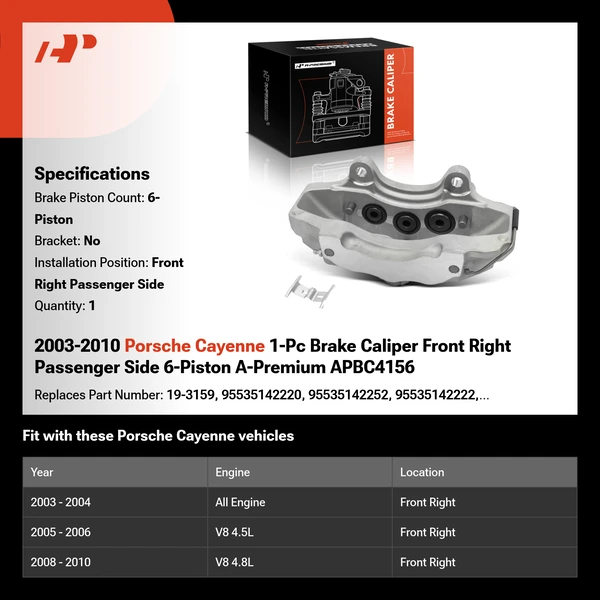 2003-2010 Porsche Cayenne 1-Pc Brake Caliper Front Right Passenger Side 6-Piston A-Premium APBC4156