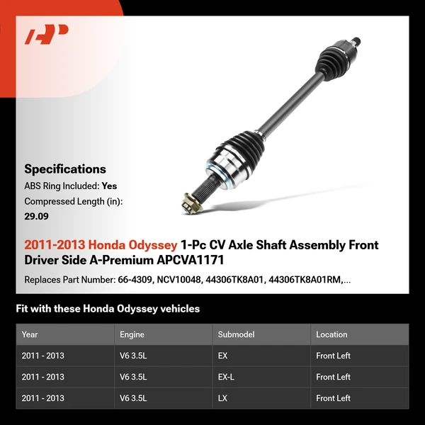 2011-2013 Honda Odyssey 1-Pc CV Axle Shaft Assembly Front Driver Side A-Premium APCVA1171