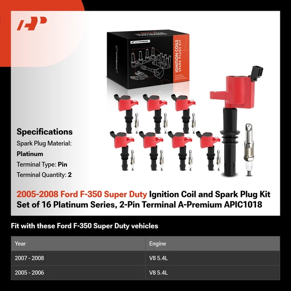 2005-2008 Ford F-350 Super Duty Ignition Coil and Spark Plug Kit Set of 16 Platinum Series, 2-Pin Terminal A-Premium APIC1018