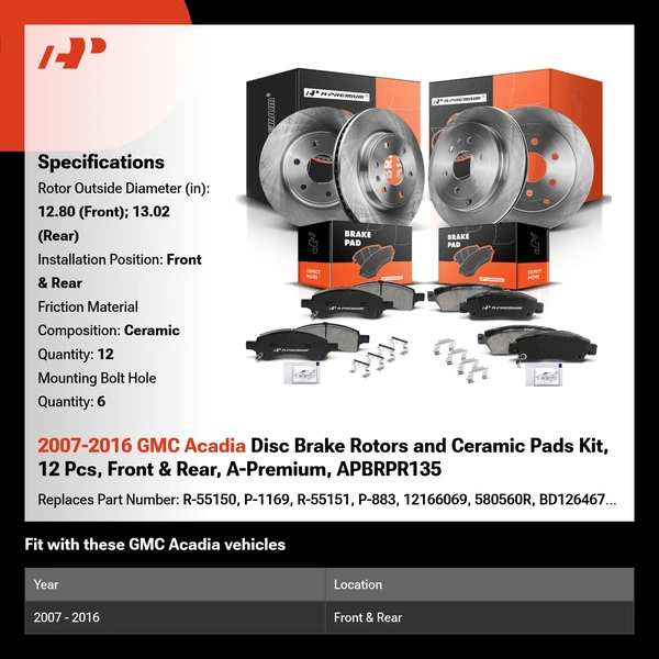2007-2016 GMC Acadia Disc Brake Rotors and Ceramic Pads Kit, 12 Pcs, Front & Rear, A-Premium, APBRPR135