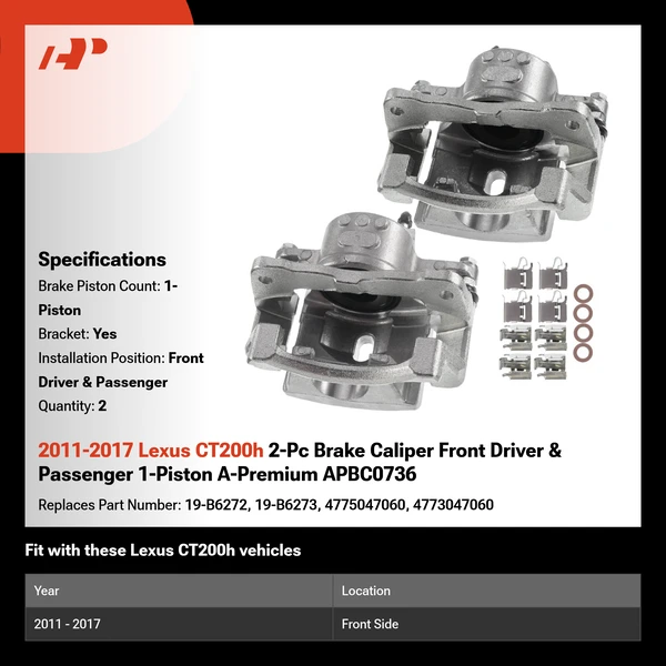 2011-2017 Lexus CT200h 2-Pc Brake Caliper Front Driver & Passenger 1-Piston A-Premium APBC0736