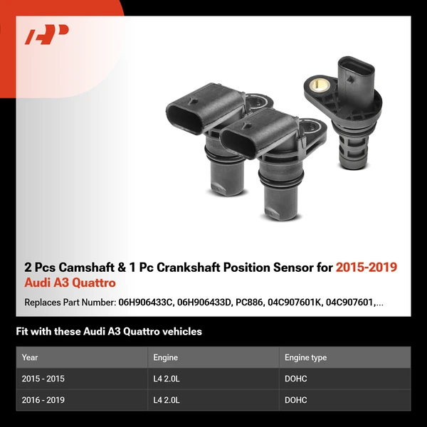 2 Pcs Camshaft & 1 Pc Crankshaft Position Sensor for 2015-2019 Audi A3 Quattro