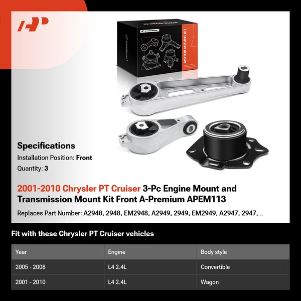 2001-2010 Chrysler PT Cruiser 3-Pc Engine Mount and Transmission Mount Kit Front A-Premium APEM113