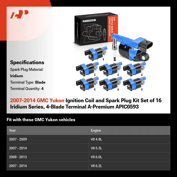 2007-2014 GMC Yukon Ignition Coil and Spark Plug Kit Set of 16 Iridium Series, 4-Blade Terminal A-Premium APIC0593