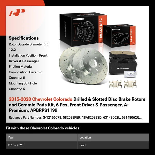2015-2020 Chevrolet Colorado Drilled & Slotted Disc Brake Rotors and Ceramic Pads Kit, 6 Pcs, Front Driver & Passenger, A-Premium, APBRPS1199