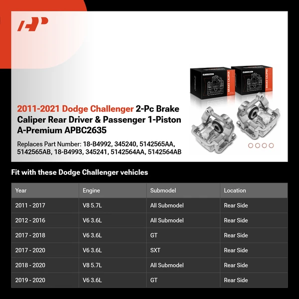 2011-2021 Dodge Challenger 2-Pc Brake Caliper Rear Driver & Passenger 1-Piston A-Premium APBC2635