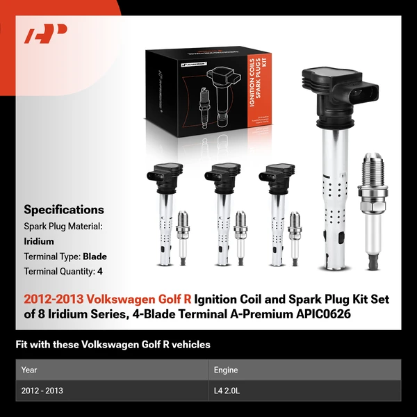 2012-2013 Volkswagen Golf R Ignition Coil and Spark Plug Kit Set of 8 Iridium Series, 4-Blade Terminal A-Premium APIC0626