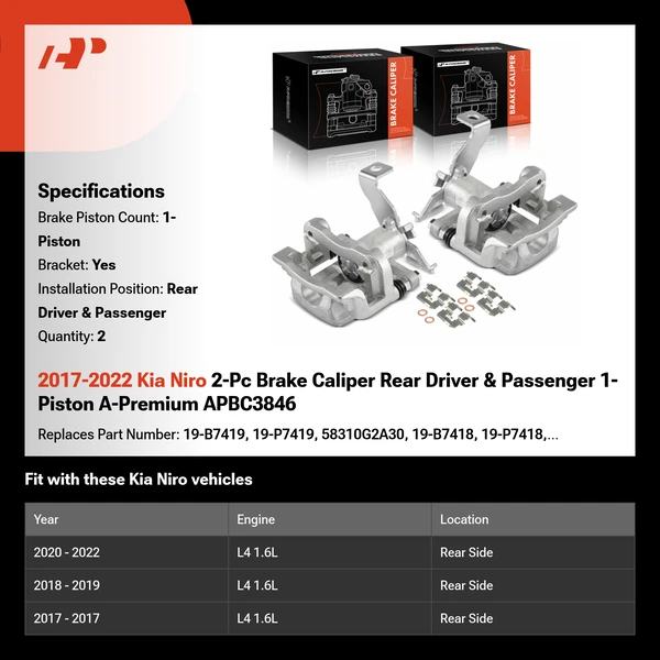 2017-2022 Kia Niro 2-Pc Brake Caliper Rear Driver & Passenger 1-Piston A-Premium APBC3846
