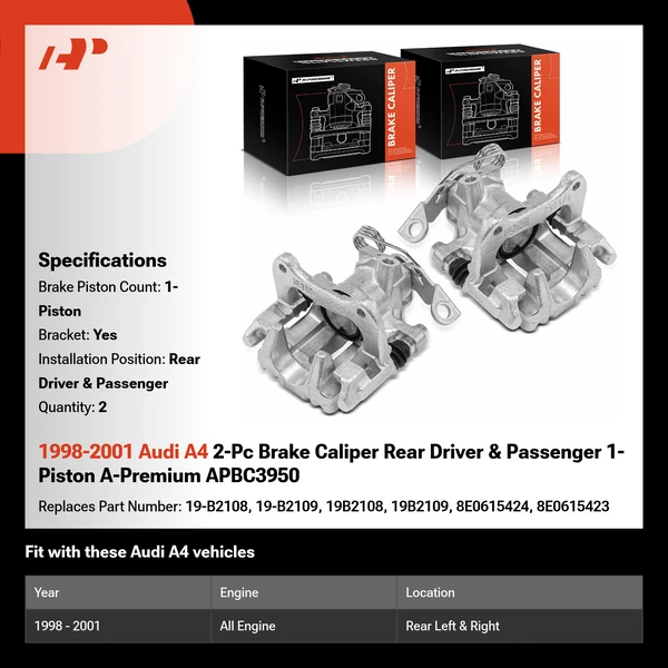1998-2001 Audi A4 2-Pc Brake Caliper Rear Driver & Passenger 1-Piston A-Premium APBC3950