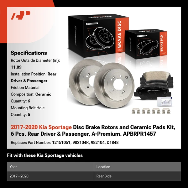 2017-2020 Kia Sportage Disc Brake Rotors and Ceramic Pads Kit, 6 Pcs, Rear Driver & Passenger, A-Premium, APBRPR1457
