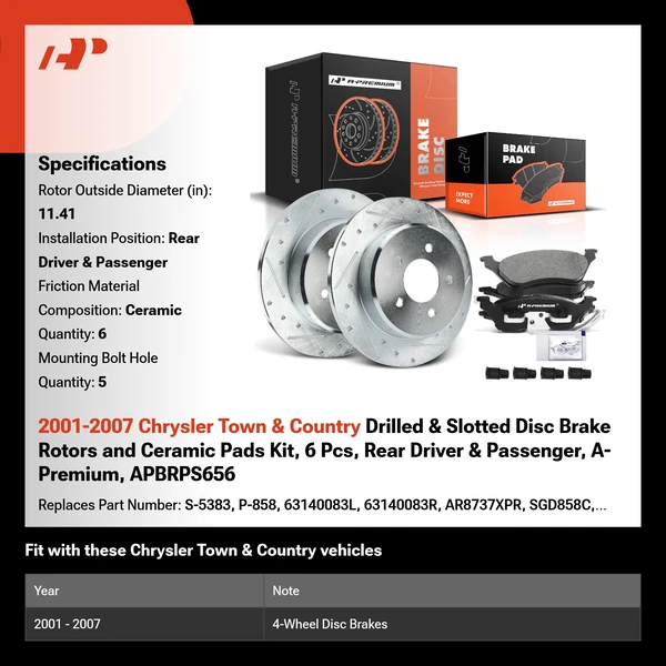 2001-2007 Chrysler Town & Country Drilled & Slotted Disc Brake Rotors and Ceramic Pads Kit, 6 Pcs, Rear Driver & Passenger, A-Premium, APBRPS656