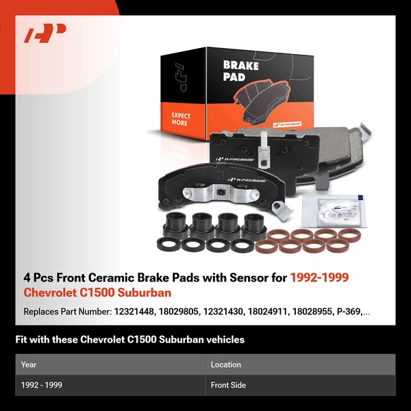 4 Pcs Front Ceramic Brake Pads with Sensor for 1992-1999 Chevrolet C1500 Suburban