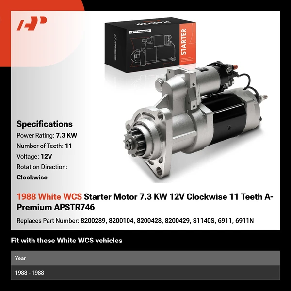 1988 White WCS Starter Motor 7.3 KW 12V Clockwise 11 Teeth A-Premium APSTR746