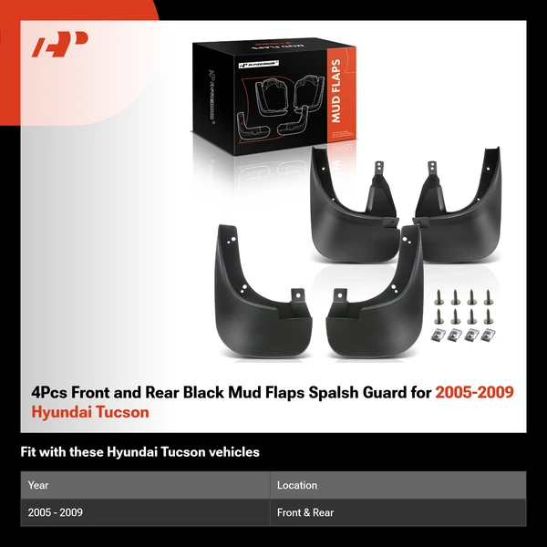4Pcs Front and Rear Black Mud Flaps Spalsh Guard for 2005-2009 Hyundai Tucson
