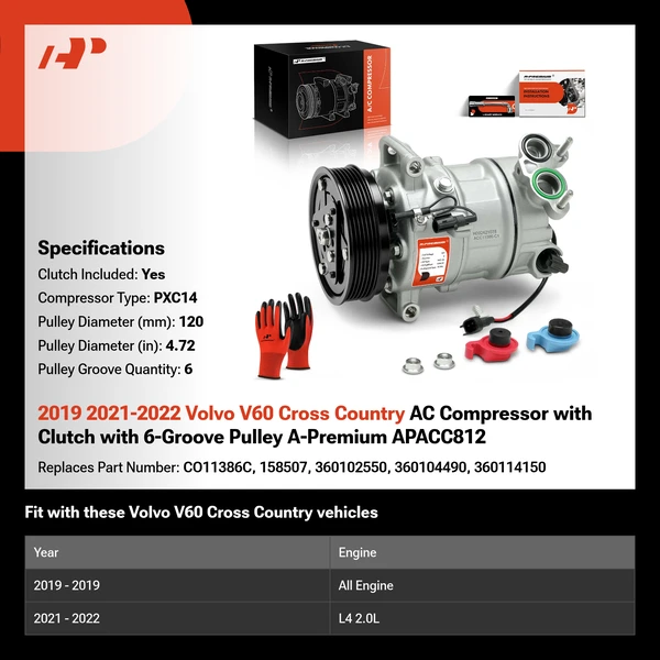 2019 2021-2022 Volvo V60 Cross Country AC Compressor with Clutch with 6-Groove Pulley A-Premium APACC812