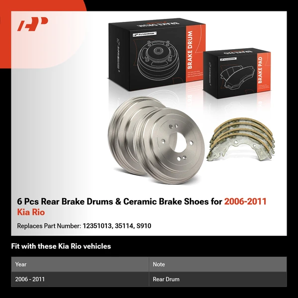 6 Pcs Rear Brake Drums & Ceramic Brake Shoes for 2006-2011 Kia Rio