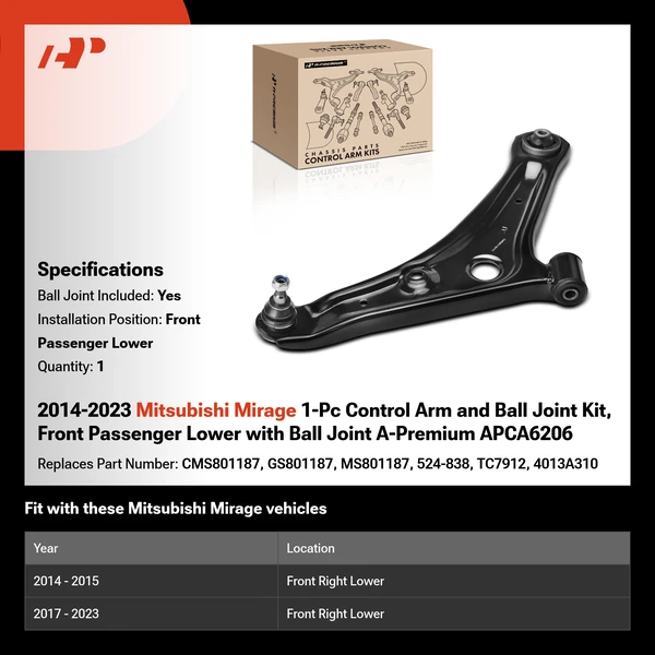 2014-2023 Mitsubishi Mirage 1-Pc Control Arm and Ball Joint Kit, Front Passenger Lower with Ball Joint A-Premium APCA6206