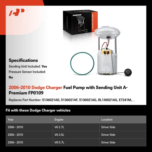 2006-2010 Dodge Charger Fuel Pump with Sending Unit A-Premium FP0109