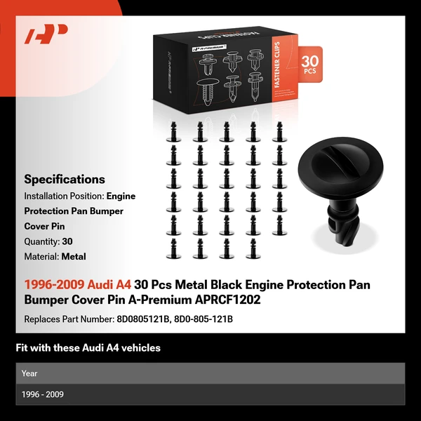1996-2009 Audi A4 30 Pcs Metal Black Engine Protection Pan Bumper Cover Pin A-Premium APRCF1202