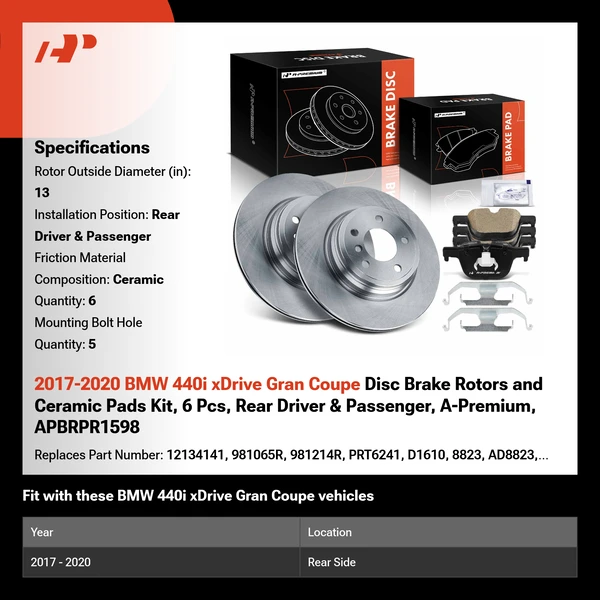 2017-2020 BMW 440i xDrive Gran Coupe Disc Brake Rotors and Ceramic Pads Kit, 6 Pcs, Rear Driver & Passenger, A-Premium, APBRPR1598