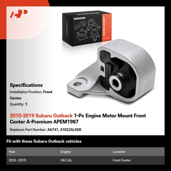 2010-2019 Subaru Outback 1-Pc Engine Motor Mount Front Center A-Premium APEM1987