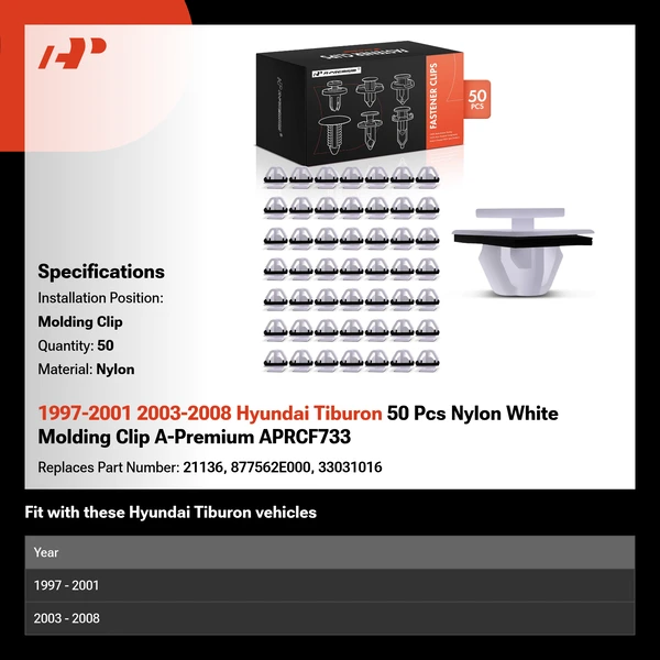 1997-2001 2003-2008 Hyundai Tiburon 50 Pcs Nylon White Molding Clip A-Premium APRCF733