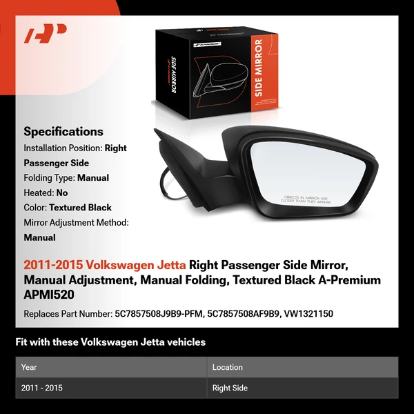 2011-2015 Volkswagen Jetta Right Passenger Side Mirror, Manual Adjustment, Manual Folding, Textured Black A-Premium APMI520