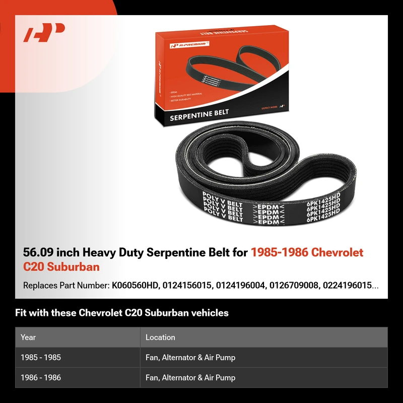 56.09 inch Heavy Duty Serpentine Belt for 1985-1986 Chevrolet C20 Suburban