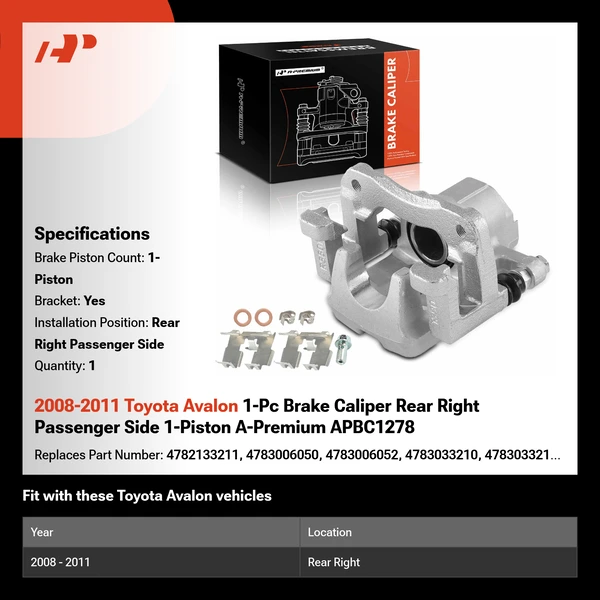 2008-2011 Toyota Avalon 1-Pc Brake Caliper Rear Right Passenger Side 1-Piston A-Premium APBC1278