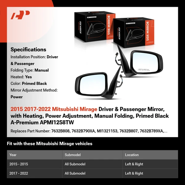 2015 2017-2022 Mitsubishi Mirage Driver & Passenger Mirror, with Heating, Power Adjustment, Manual Folding, Primed Black A-Premium APMI1258TW