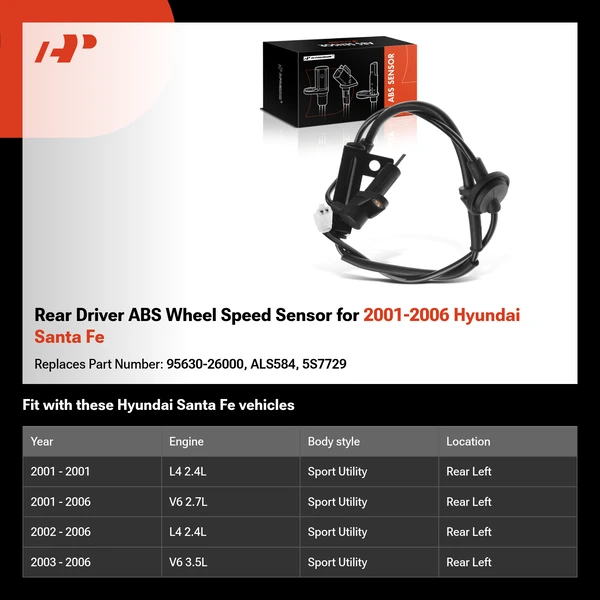 Rear Driver ABS Wheel Speed Sensor for 2001-2006 Hyundai Santa Fe