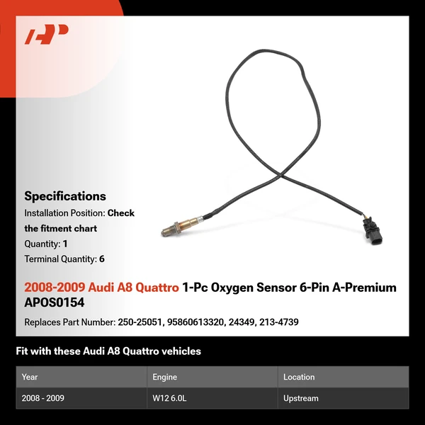 2008-2009 Audi A8 Quattro 1-Pc Oxygen Sensor 6-Pin A-Premium APOS0154