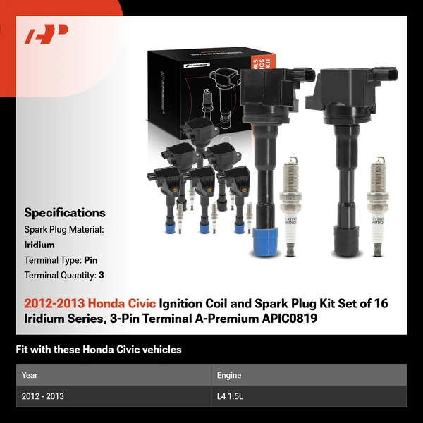 2012-2013 Honda Civic Ignition Coil and Spark Plug Kit Set of 16 Iridium Series, 3-Pin Terminal A-Premium APIC0819