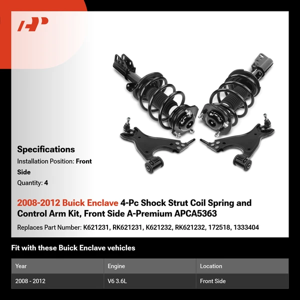 2008-2012 Buick Enclave 4-Pc Shock Strut Coil Spring and Control Arm Kit, Front Side A-Premium APCA5363