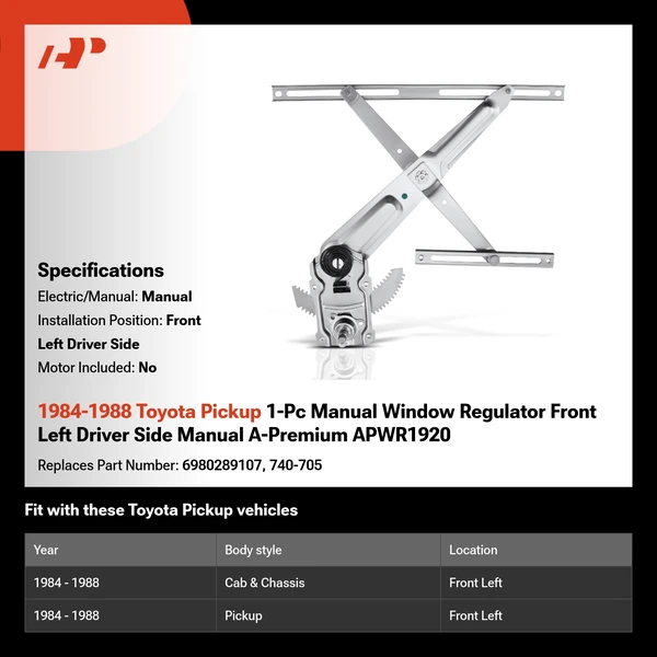 1984-1988 Toyota Pickup 1-Pc Manual Window Regulator Front Left Driver Side Manual A-Premium APWR1920